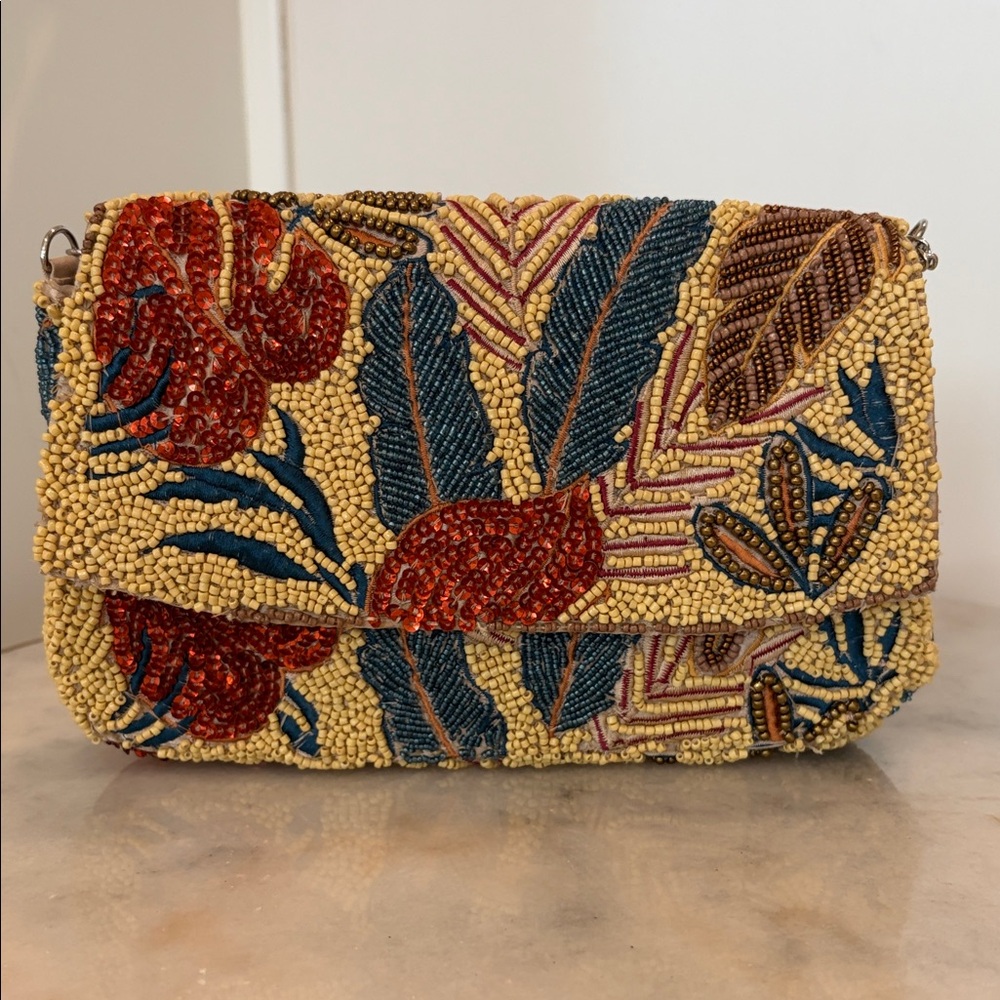Beaded Floral Clutch Bag in Yellow, Red & Blue